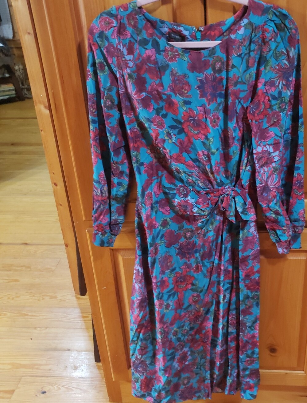 Talbots Teal Floral Tie-Waist Long Sleeve Dress